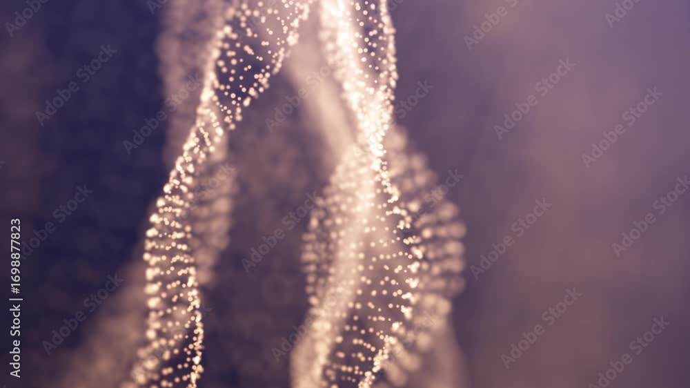 Poster abstract waves of golden dots forming flowing fields over a violet background