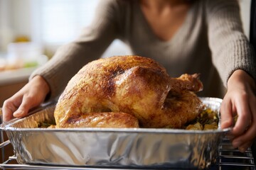 Woman brings delicious Thanksgiving Day turkey, festive holiday meal