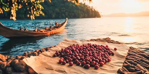 Vibrant coffee cherries are beautifully arranged on parchment paper beside a tranquil lake, with a wooden boat and lush greenery creating a peaceful atmosphere, highlighting nature's harvest