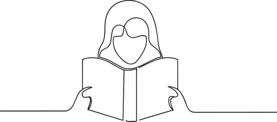 woman reading book continuous one continuous line art, Vector illustration, One line art, Line art graphic style.