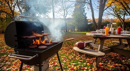 Outdoor backyard barbecue grill with sizzling burgers and hot dogs cooking over flames in autumn season with fall foliage and picnic table setting for family gathering and outdoor dining