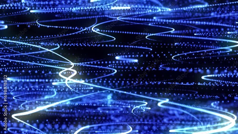 Poster dynamic abstract image of glowing blue particle waves and light trails