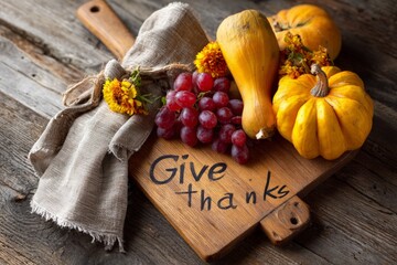 Thanksgiving celebration display shows autumn pumpkins grapes flowers, give thanks words