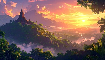 A breathtaking vista of a lush, tropical landscape, featuring a majestic temple nestled atop a hill, bathed in the warm glow of a vibrant sunset.