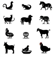 A collection of symbols from the Chinese zodiac, featuring animal silhouettes used in Chinese astrology to represent the horoscope symbol for each year, depicted in a modern style against a plain