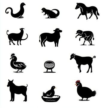 A collection of symbols from the Chinese zodiac, featuring animal silhouettes used in Chinese astrology to represent the horoscope symbol for each year, depicted in a modern style against a plain