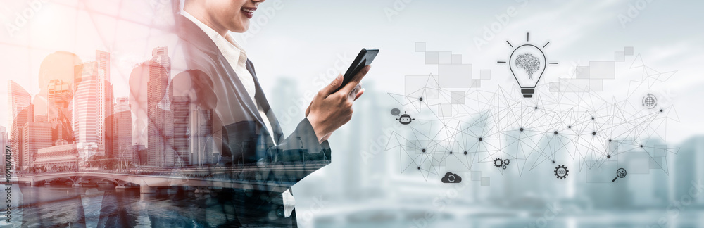 Poster ai innovation with neural network and digital transformation. ai innovation drives automation, power