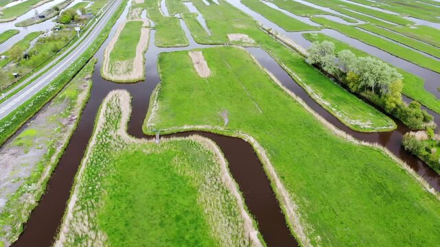Aerial drone view of typical Dutch fields and polders