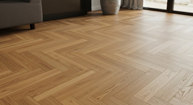 Elegant herringbone wooden parquet floor in a contemporary room with natural light, perfect for interior design