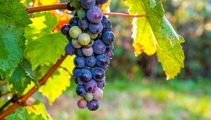 Naklejka premium Close-up of a bunch of ripe grapes hanging from a vine