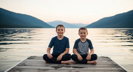 Fototapeta premium Two caucasian young boys sitting on dock by mountain lake at sunset