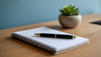 A black pen rests on an open spiral notebook next to a small potted plant