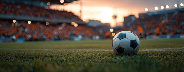 Soccer ball on a field, stadium in the background at sunset