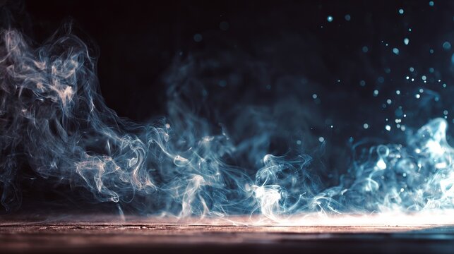 Mysterious swirling blue smoke with glowing particles drifts across a dark background, creating an ethereal and atmospheric effect.
