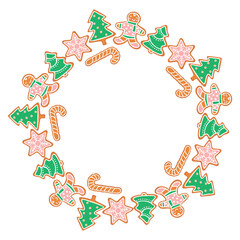 Christmas frame with gingerbread man, santa's crutch, snowflakes, fir trees. Cartoon round shape border with sweet cookies. Festive background in green, pink, brown colrs on white. Vector design.