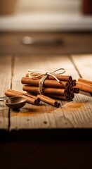 Warm Aromatic Cinnamon Sticks Tied With Twine On Rustic Wooden Surface With Scattered Spice Dust And Metal Spoon Ready For Baking And Cooking