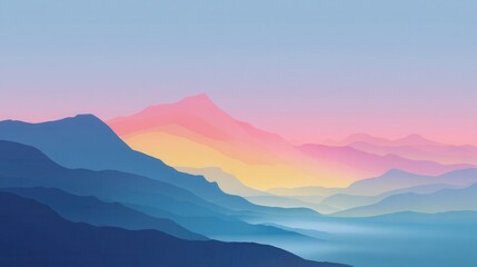 Obraz premium Majestic mountain range depicted with layered silhouettes in shades of blue and purple, illuminated by a soft gradient of pink and yellow from the sky, creating a sense of depth and tranquility