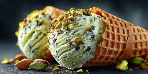 Delightful pistachio ice cream served in crispy cones garnished with nuts