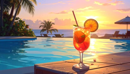 A vibrant cocktail sits on a wooden deck by a tranquil pool overlooking a serene sunset beach scene.