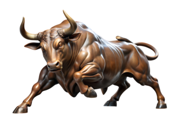 Charging Bronze Bull Sculpture Symbolizing Financial Markets and Strength on transparent background