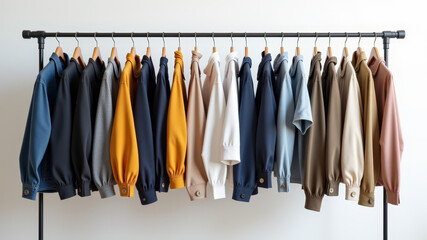 Clothing sorted by color and type hanging on a metal rail in an organized minimalist room