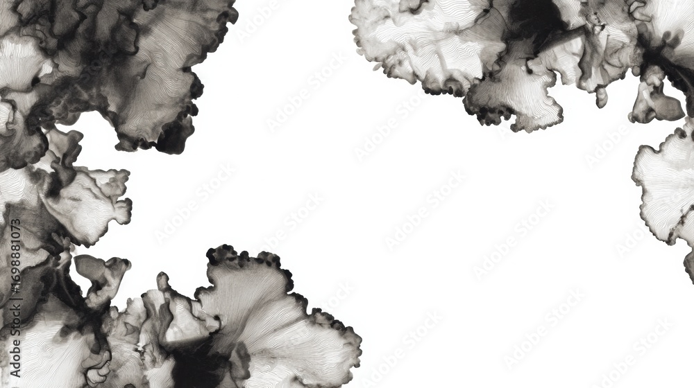 Poster black and white abstract ink patterns creating an artistic border on a blank canvas