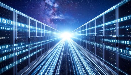 A futuristic server room perspective, showcasing a pathway of binary code streaking through rows of technology.
