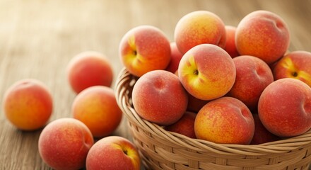 Basket of Juicy Fresh Peaches on Wooden Table