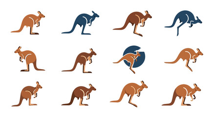 Obraz premium Collection of stylized kangaroo illustrations in various dynamic poses, featuring brown and blue hues.