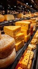 Variety of yellow cheeses displayed in a grocery store during evening hours with warm lighting