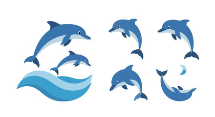 Fototapeta premium Playful blue cartoon dolphins jumping and swimming with a stylized ocean wave set.