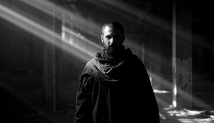 A man stands in the dark. Dark time at the end of the world. Horror and fantasy genre. Creepy animated short film. Scary black and white video clip.