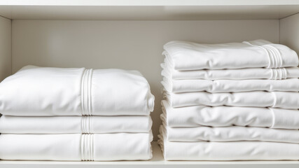 Stack of folded white bed linens arranged neatly on a shelf for organized linen storage