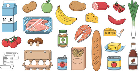 Supermarket Grocery Vector Illustrations – Fresh & Processed Foods, Fruits, Vegetables, Meat, Fish, Eggs, Baguette, Pasta, Beverages & Healthy