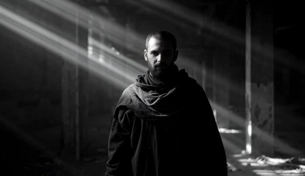 A man stands in the dark. Dark time at the end of the world. Horror and fantasy genre. Creepy animated short film. Scary black and white video clip.