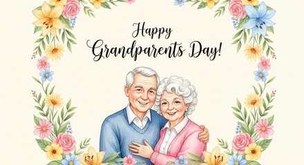 Elderly couple embracing surrounded by floral border grandparents day happy grandparents day