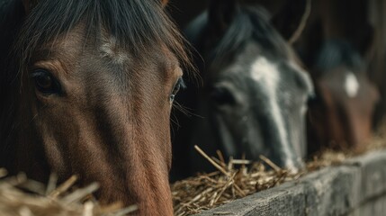 Close-up view of horses in a stable during early morning feeding time at a rural farm
