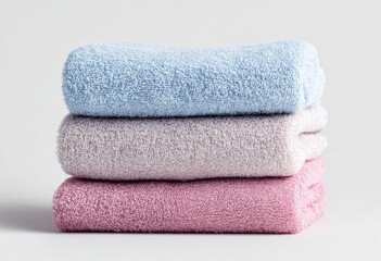 Three folded towels, stacked vertically, in pastel shades of light blue, light rose, and light pink