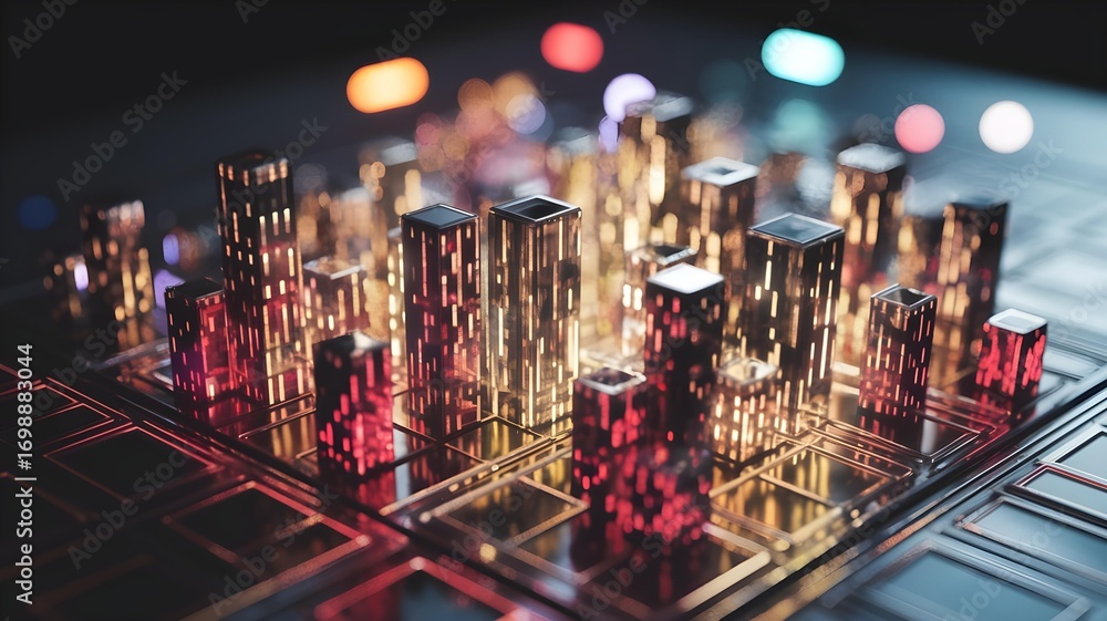 Poster abstract futuristic cityscape of glowing skyscrapers and circuit board patterns, representing techno