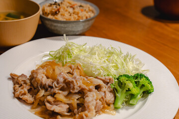 Japanese dinner with pork ginger stir fry and shredded cabbage
