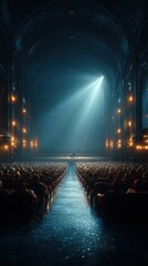 Elegant theater interior with dramatic lighting and captivated audience during a captivating performance at night