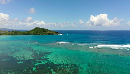 Fototapeta premium Turquoise ocean meets lush island. Aerial view of a tropical coastline with a vibrant coral reef and small island