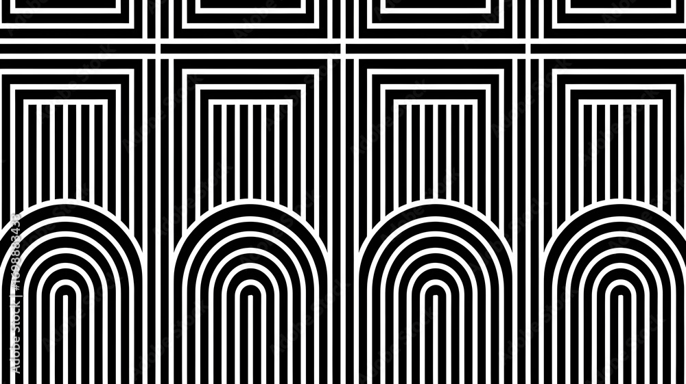 Poster abstract black and white geometric pattern with repeating arched shapes and lines, creating a sense 
