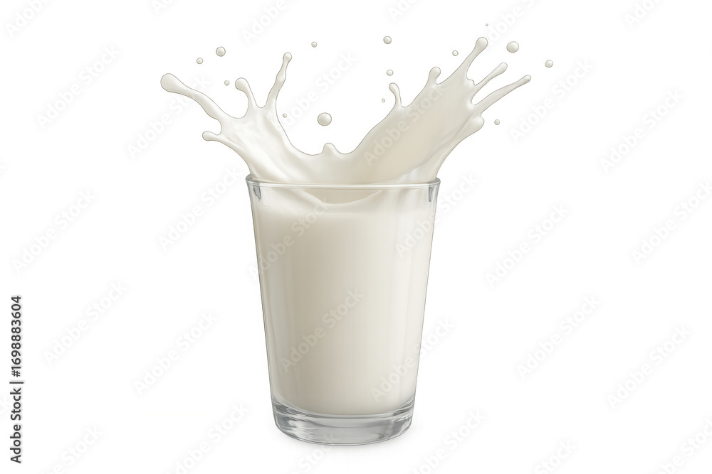 Poster glass of milk splashing against a transparent background, creating a dynamic visual ideal for food a