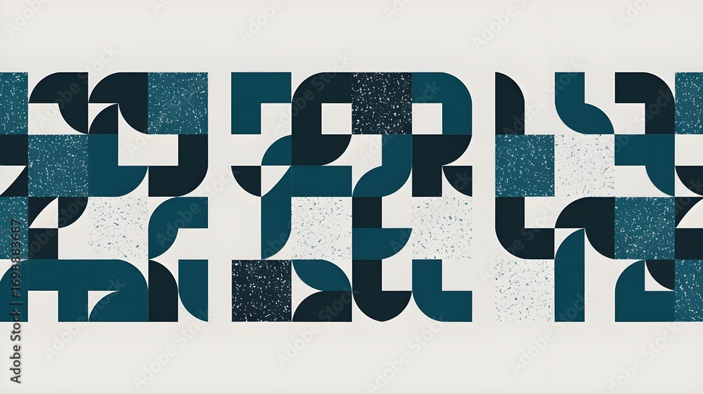 Poster geometric pattern with teal and navy blue shapes on a light background, featuring a retro, abstract,