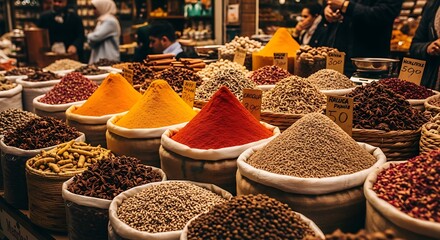 Fototapeta premium Vibrant colorful spices and herbs piled high in burlap sacks at a bustling market stall creating an aromatic sensory experience