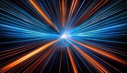 the image shows a dark background with numerous bright blue and orange lines radiating outwards from a central point creating a dynamic and energetic visual effect reminiscent of light trails or ene
