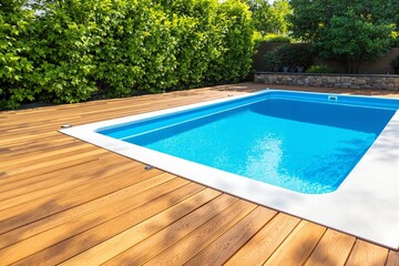 Clean blue swimming pool with wooden deck, surrounded by lush green plants, in a bright outdoor garden setting symbolizing summer relaxation. Ai generative