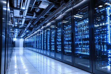 Interior of a high-tech server room with blue LED-lit server racks in perspective view, digital concept of cloud computing and information technology. Ai generative
