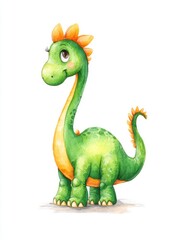 Obraz premium Charming long-necked green dinosaur illustration with orange spikes perfect for children's book covers